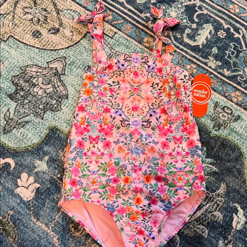 wonder nation Pink Floral Bow Straps  One-Piece Swimsuit